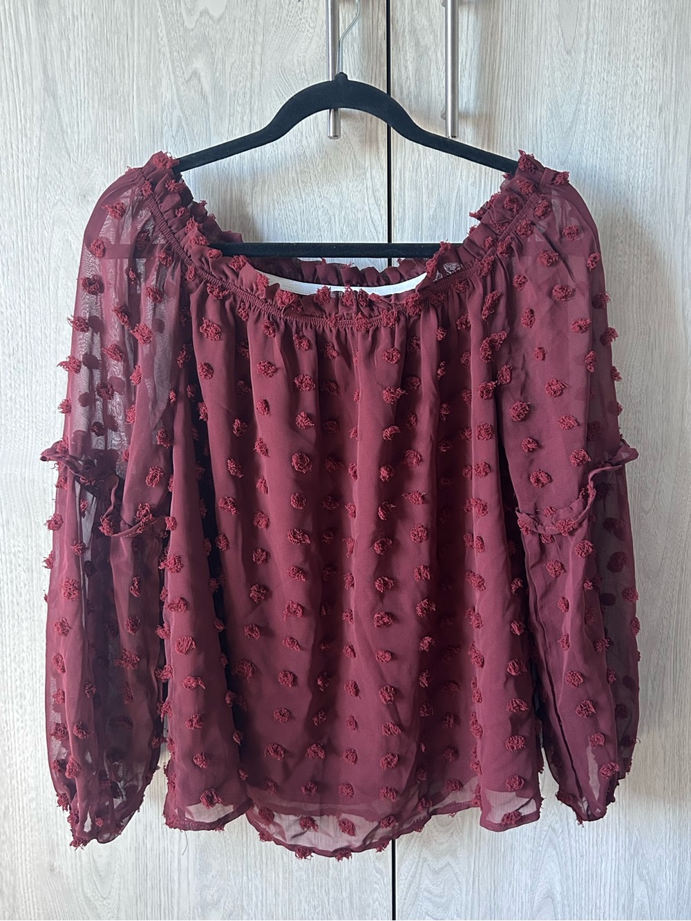 Blooming Jelly Burgundy Off the Shoulder Chiffon Pom Pom Blouse Large